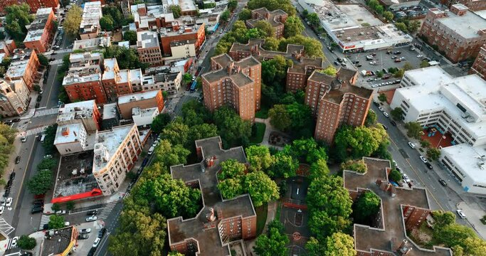 New York city housing projects to go green. Unusual design of the residential buildings with lots of greenery around. Top view.