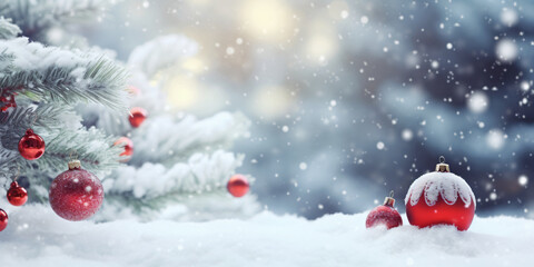 Naklejka na ściany i meble Schöner Weihnachten Hintergrund. Weihnachtsbaum mit roten Kugeln geschmückt - platz für Text 