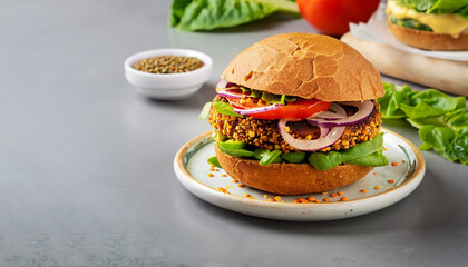 Vegan lentils burger with vegetables on light gray background