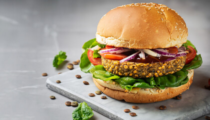 Vegan lentils burger with vegetables on light gray background