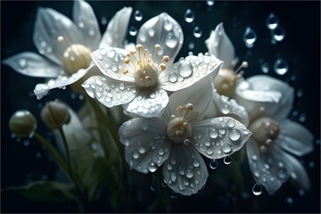 The background of white flowers exposed to rain in the morning is made by Ai generator technology