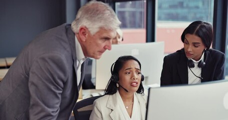 Senior businessman, call center and coaching team on computer in customer service at the office. Man executive, CEO or agent training staff, woman or people in telemarketing for online advice or help