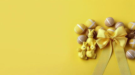 Easter Decorations with Gold Ribbon and Bow on Yellow Background A Festive and Cute Composition AI Generated
