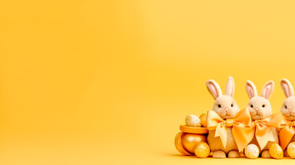 Cute Easter Bunnies with Pot of Gold A Bright and Shiny Easter Image on Yellow Background AI Generated