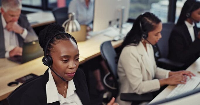 Call center, consulting and business with black woman in office for customer service, communication and contact us. Advice, help desk and support with employee for conversation and telemarketing