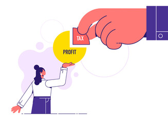 Tax burden or debt to pay for income tax, financial charge and duty to pay for government, tax time. Big hand metaphor government takes taxes from a woman