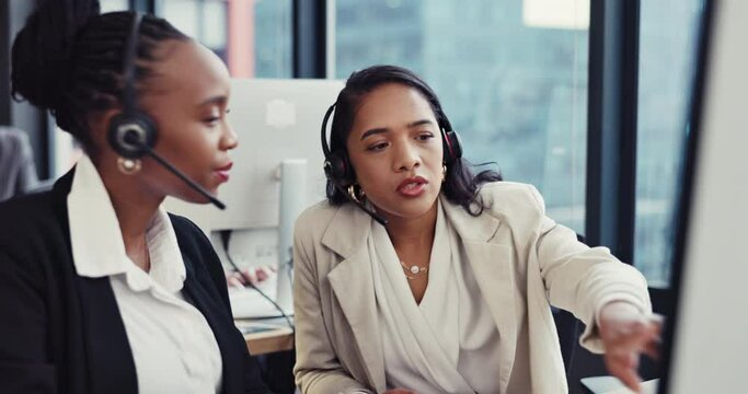 Business woman, call center and coaching team on computer in customer service or support at office. Female person, consultant agent or manager training staff for online advice, help or contact us