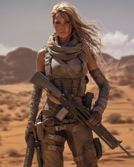 a woman holding a gun in the desert, in the style of meticulous military scenes close up