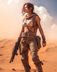 a woman holding a gun in the desert, in the style of meticulous military scenes close up