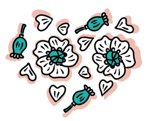Romantic heart-shaped print with white poppies. Perfect print for pillow, sticker, postcard, poster. Isolated vector illustration for decor and design.