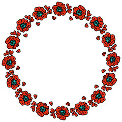 Hand drawn floral border with doodle poppy flowers and petals. Summer print for tee, sticker, postcard, poster. Isolated vector illustration for decor and design.