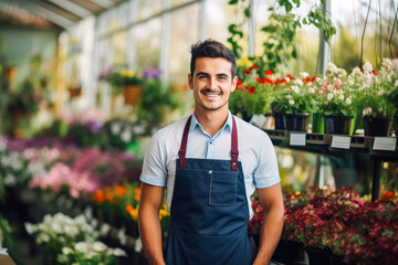 A handsome young male florist gardener posing in greenhouse. Small business owner in flower shop - obrazy, fototapety, plakaty