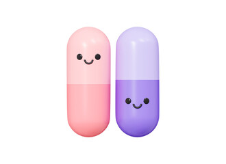 3D Two cute pills with smile face. Medicine capsules. Cute character. Healthcare and antidepressant. Purple and pink drug emoji. Cartoon creative design icon isolated. 3D Rendering