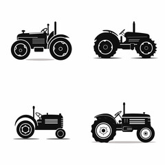 Simple 2d black silhouette Vintage , black accents, flat, sharper, white background, vector , antique tractor silhouette