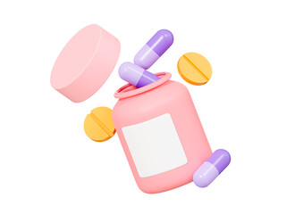 3D Open floating bottle with pills and capsules. Pharmacy drug health tablet. Medical treatment concept. Pink and purple. Cartoon creative design icon isolated. 3D Rendering