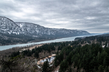 Winter View of Columbia River and Snowy Mountains of Columbia River Gorge, OR