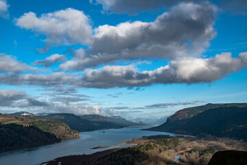 Clouds View of Columbia River and Mountains of Columbia River Gorge, OR