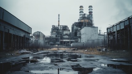 Obraz premium a apocalyptic photo view on the chernobyl nuclear power plant after the catastrophe in 1986 in the ukraine ussr. old soviet ruins. Generative AI