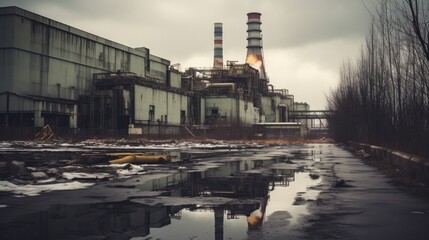 a apocalyptic photo view on the chernobyl nuclear power plant after the catastrophe in 1986 in the ukraine ussr. old soviet ruins. Generative AI - obrazy, fototapety, plakaty