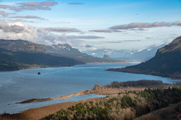 View of Columbia River and Mountains of Columbia River Gorge, OR