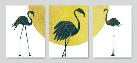 Luxury art background with flamingo birds in golden line style with sun on background. Animal vector set for decor, print, wallpaper, textile, interior design, poster.