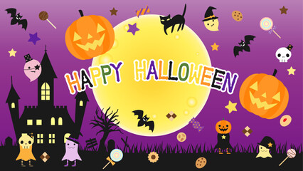 お化けやお菓子などをちりばめたハロウィンのカード　アスペクト比16：9バージョン
