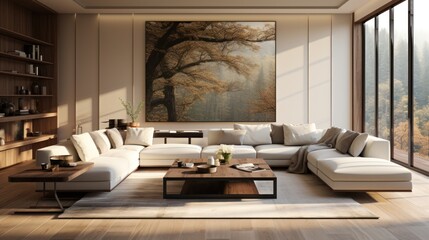 Modern Living: White Walls Embrace a Bright Interior, generative ai
