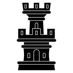 Tower of medieval castle. Symmetrical architectural design. Black and white negative silhouette.