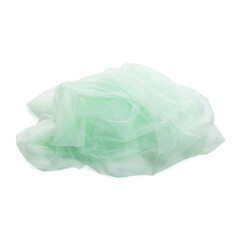 Beautiful light green tulle fabric on white background, top view
