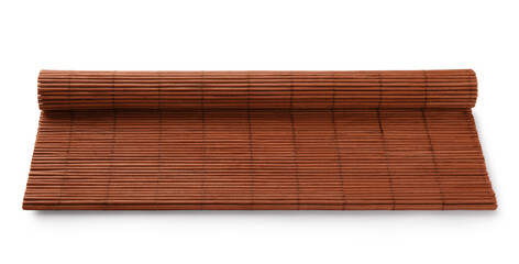 Rolled sushi mat made of bamboo on white background