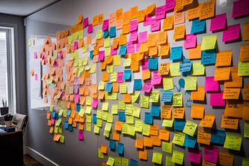 Organized Chaos: Busy Office with a Wall of Post-it Notes Filled with Tasks	