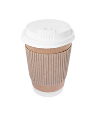 Paper cup with plastic lid isolated on white. Coffee to go