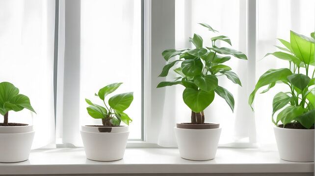 観葉植物、白い壁背景、コピースペース｜Houseplant, white wall background, copy space. Generative AI