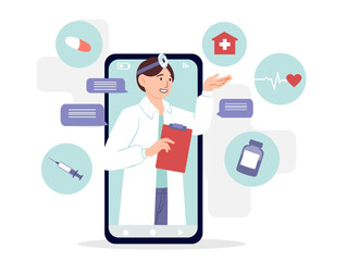 Doctor online concept. Man in medical uniform on screen of smartphone, telemedicine. Diagnosis and treatment. Young guy with drugs, pills and medicines. Cartoon flat vector illustration