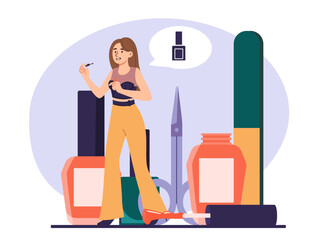 Woman with nail polish concept. Young girl with cosmetic and make up. Character near huge bottles. Aesthetics and elegance, fashion and beauty, trend. Cartoon flat vector illustration