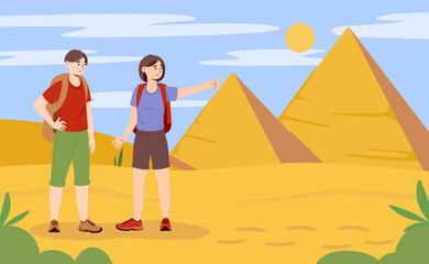 People travel at dessert concept. Man and woman with backpacks stand against backdrop of priramids. Travel and tourism, active lifestyle. Young couple in Egypt. Cartoon flat vector illustration