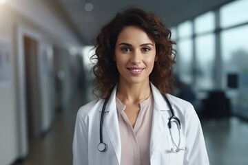 Portrait of friendly european doctor in workwear with stethoscope on neck posing in clinic interior, looking and smiling at camera