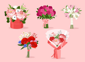 Obraz premium Set of wedding bouquets concept. Beautiful colorful flowers in wrapping paper. Valentines day and wedding anniversary, romantic gift. Cartoon flat vector collection isolated on pink background