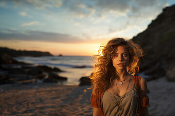 Obraz premium Portrait of a beautiful woman illuminated with sunset light on the beach. Generative AI.