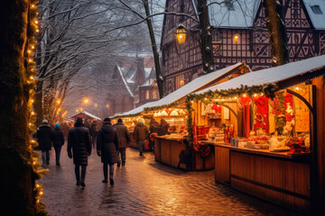 Naklejka premium Enjoying Christmas Market, people walking in the street and standing near stalls