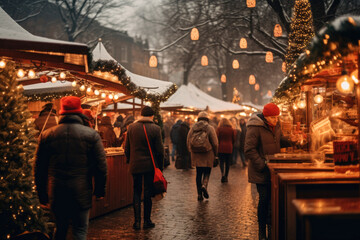 Enjoying Christmas Market, people walking in the street and standing near stalls