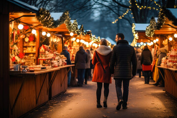 Enjoying Christmas Market, a couple walking near stalls - obrazy, fototapety, plakaty