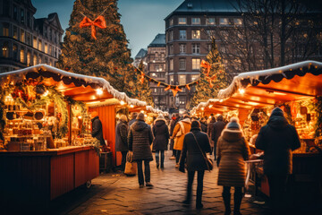 Enjoying Christmas Market, blurred people in the streets and near stalls - obrazy, fototapety, plakaty