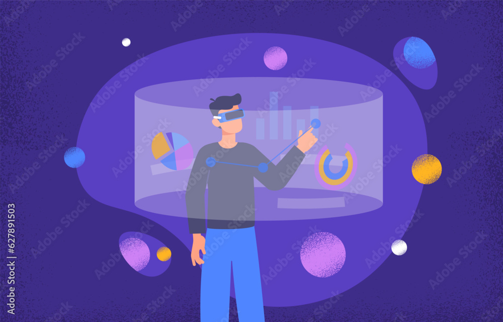 Wall mural augmented reality concept. man in ar glasses evaluates graphs and charts. infographics and visualiza