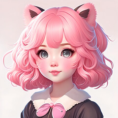 Kawaii girl portrait with pink hair, digital illustration.