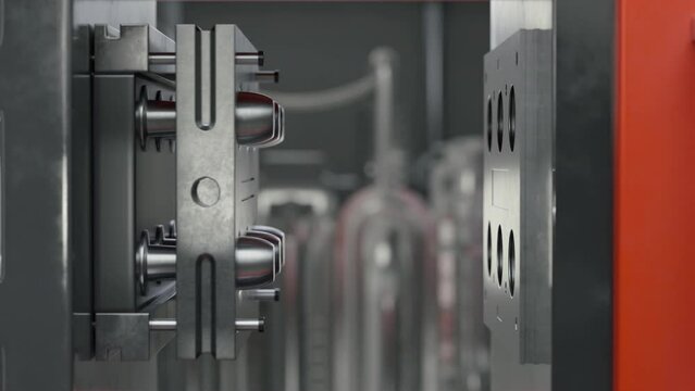 Manufacturing multiple batches of caps made of eco-friendly material. Manufacturing bottle caps in batches at the factory. Manufacturing machinery creating batches of plastic caps. Conveyor line.