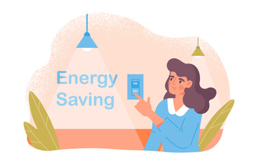 Energy saving concept. Woman leaves office and turns off light. Economy and ecology. Sustainable and mindfullness lifestyle. Energy and power, electricity. Cartoon flat vector illustration