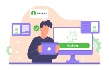 Fototapeta premium Espionage online concept. Man with tablet hacks into computer. Hacker penetrates te Internet and steals personal information. Cybercrime and security. Cartoon flat vector illustration