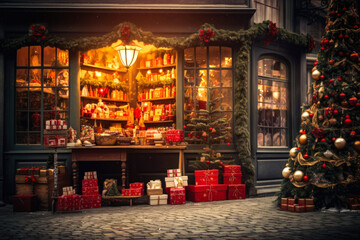 Christmas tree and decoration in front of the shop, winter street market, with no people