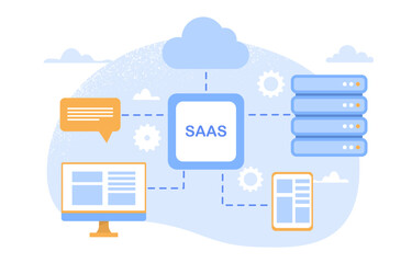 Software as service concept. Modern technologies and digital world, innovations. Cloud service and server, online connection and synchronization of devices. Cartoon flat vector illustration